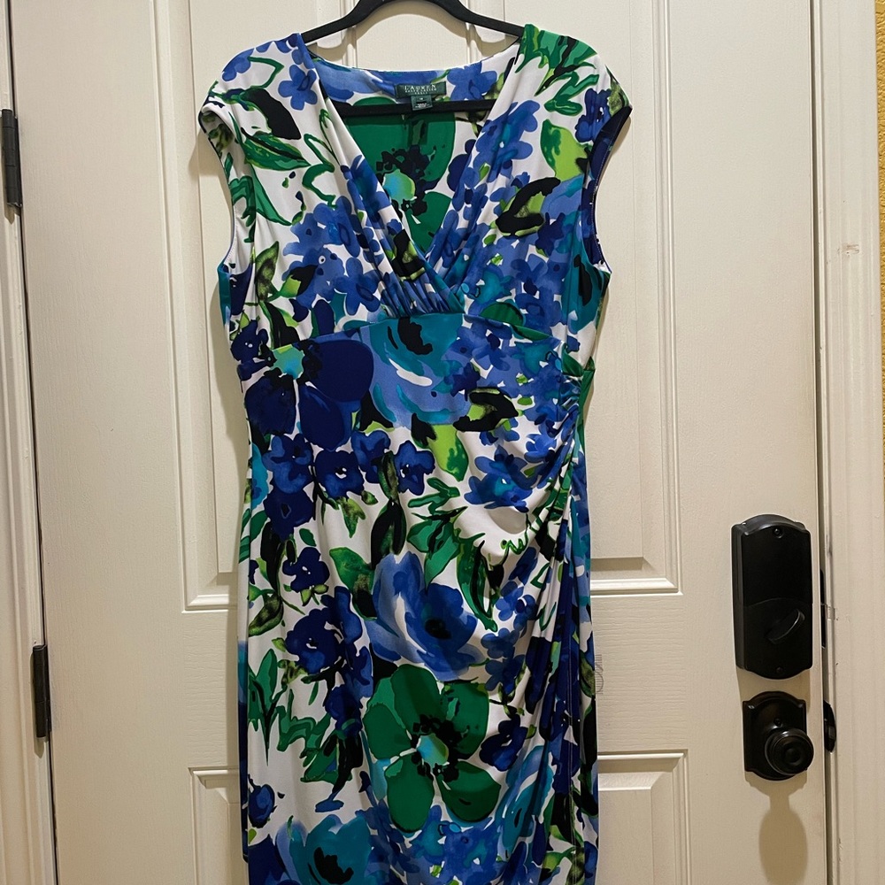 Lauren Ralph Lauren Blue and Green Sheath Dress V-Neck Cap Sleeve